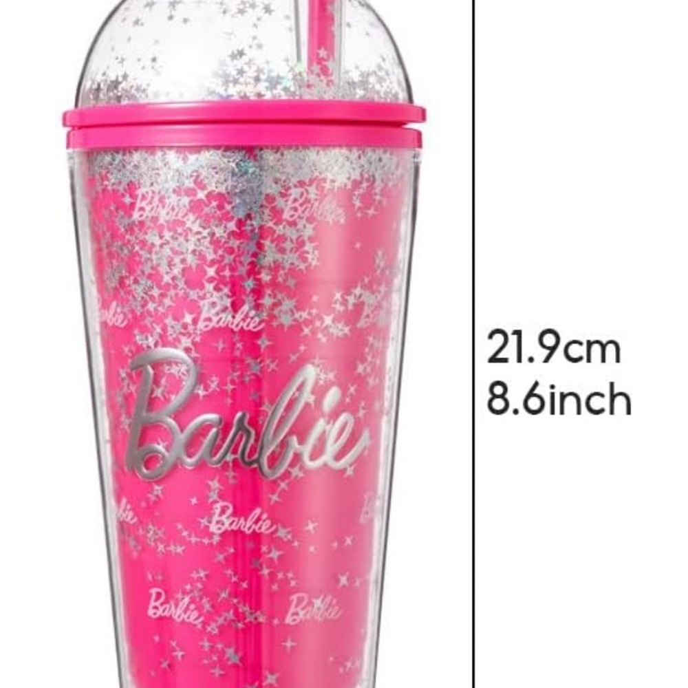 Barbie x Miniso Collab Pink Glitter Silver Star Dome Tumbler with Straw EUC - Picture 3 of 12